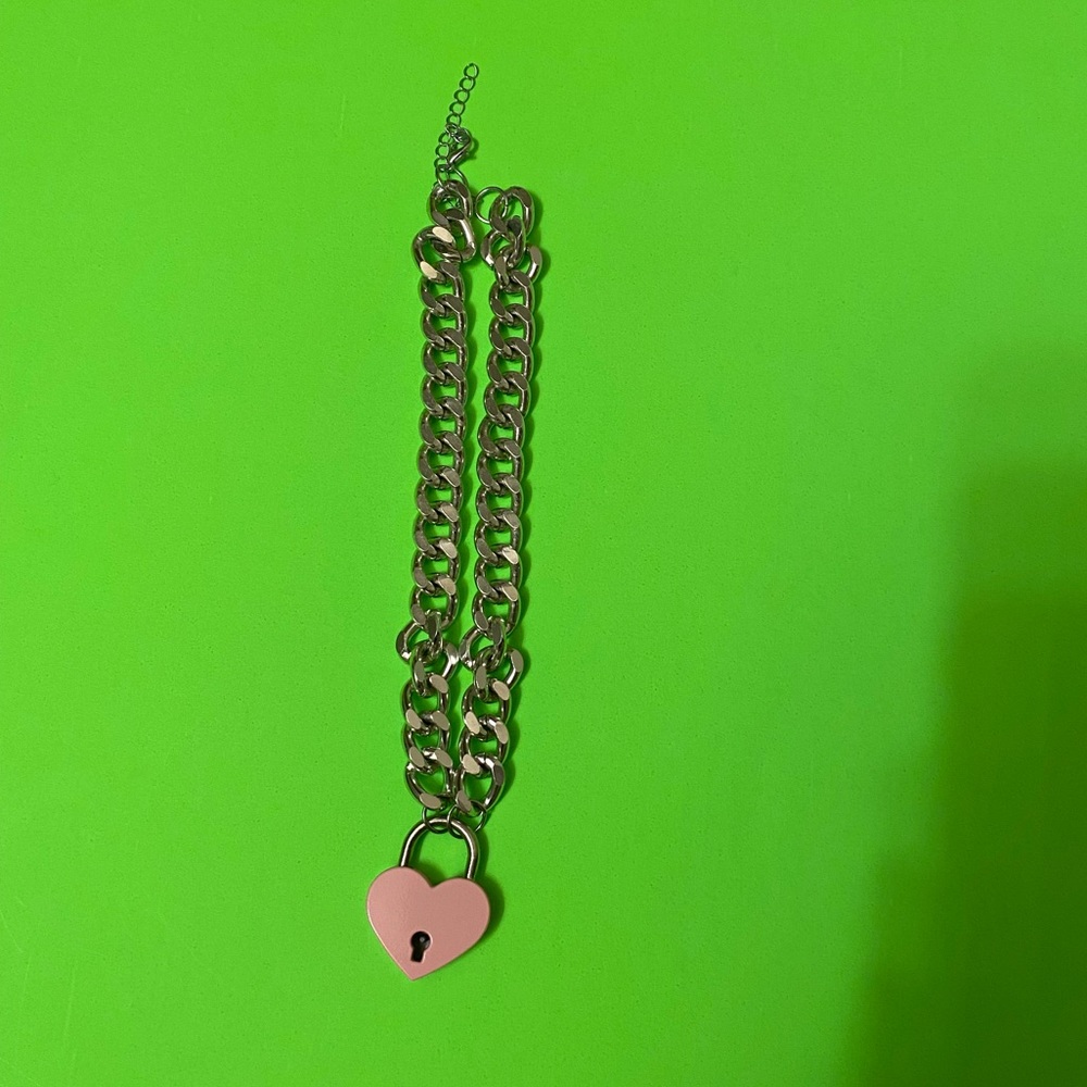 Unisex Pink Heart Lock Silver Chain Necklace Choker